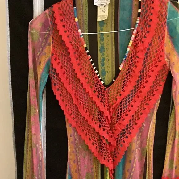 Piluca Bayarri Ibiza Multicolor Sheer Coverup Dress,Long Sleeves & side Slits. - Picture 3 of 11